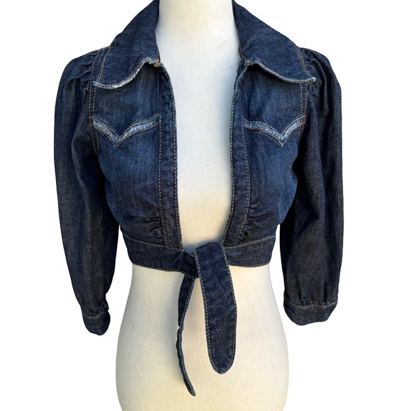 Jackets & Blazers - Western Cropped Denim Bolero Shrug Cowgirl Jacket Puff Sleeve Pinup Rockabilly S